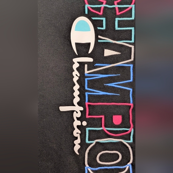 90's Style Champion Black Neon Embroidered Logo T-shirt Unisex Large 100% Cotton - Picture 6 of 11